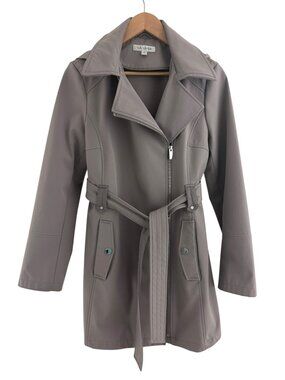Via Spiga Soft Shell Asymmetrical Zip Belted Coat Gray Hooded Sz M Trench Jacket